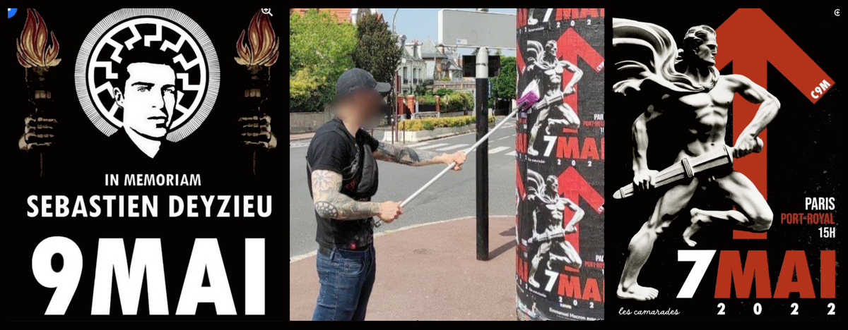 Captures d’écran de la page Facebook du C9M, où l’on peut identifier le symbole du Soleil Noir — utilisé par les SS — sur une affiche de 2020, ainsi qu’en tatouage sur un militant en 2023. Affiche de 2023 avec Le Garde. - 2025 - © Reflets