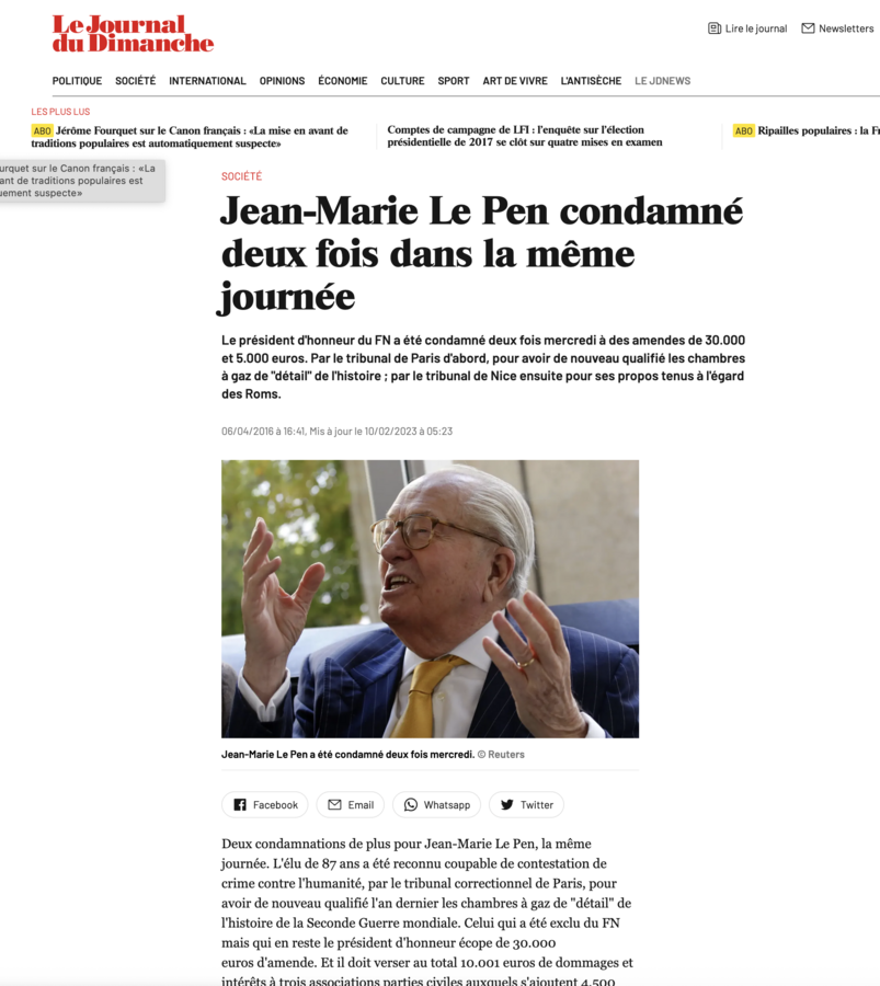 Le fondateur du RN condamné pour contestation de crime contre l'humanité et pour racisme, découvrez toute l'affaire dans le JDD.