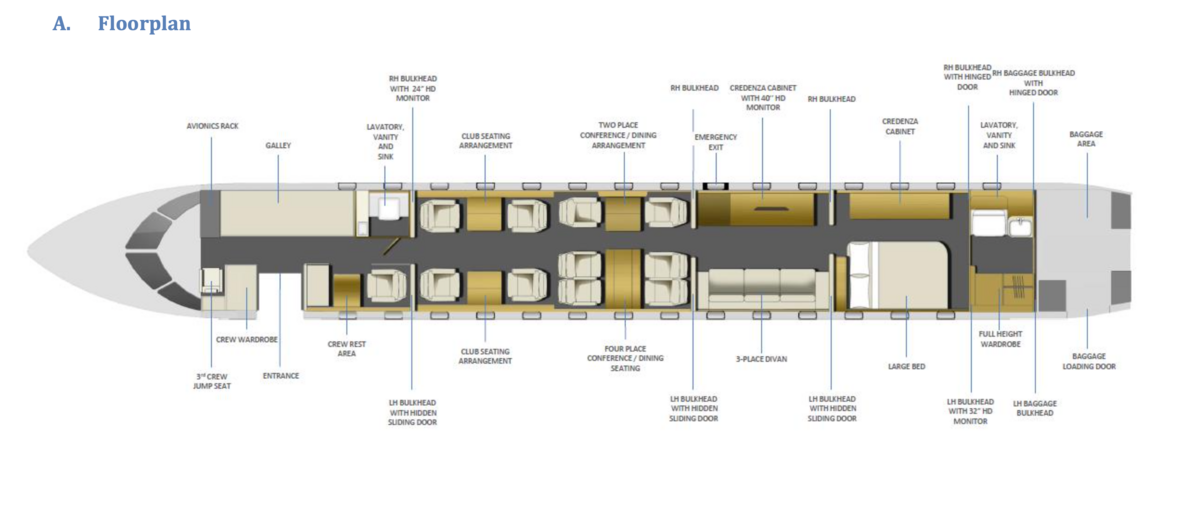 Détail de l'intérieur du Bombardier Global 7500 de Patrick Drahi - Copie d'écran - © Reflets