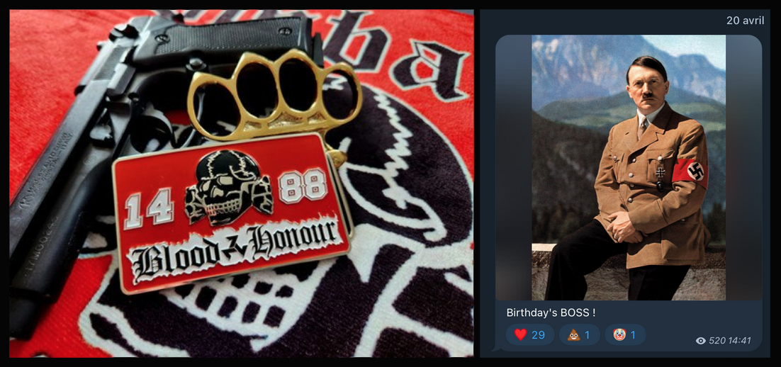 Images extraites du canal Telegram néonazie “Black Sun & co”.  - ©Reflets