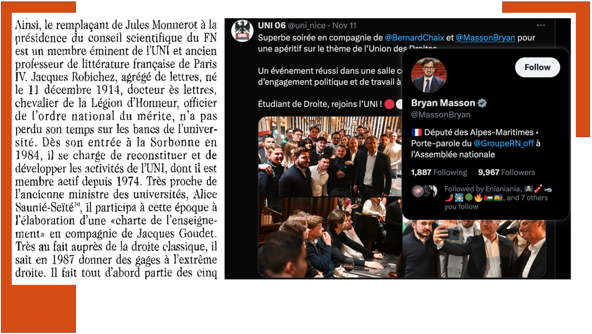 Extrait de la revue Reflexes numéro 41, janvier 1994 - Capture d'écran d’un post sur X de l’UNI Nice le 11 novembre 2024 - Reflexes