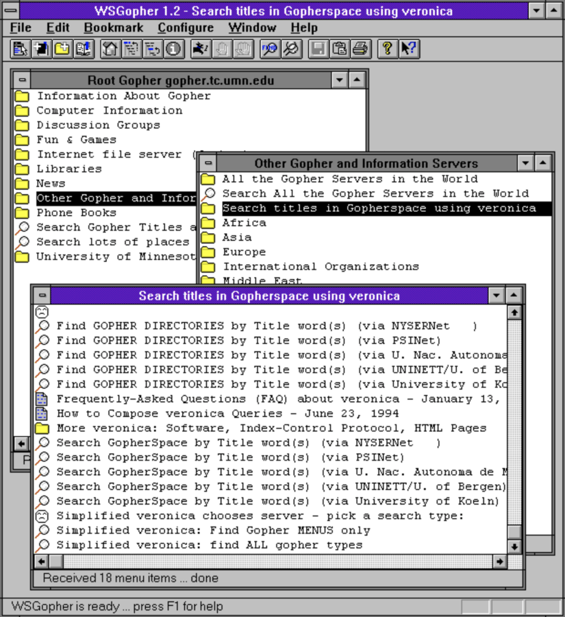 Interface graphique de Veronica, circa 1992. - Web Design Museum - earchiv.cz