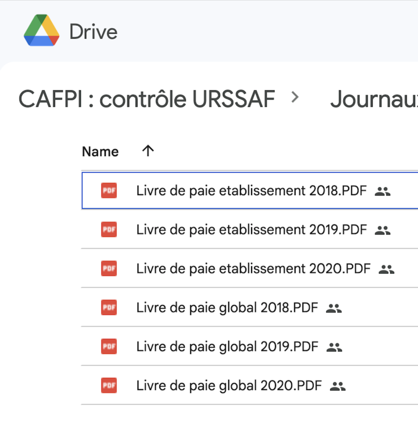Le drive de CAFPI pour son contrôle URSAFF en accès libre - Copie d'écran