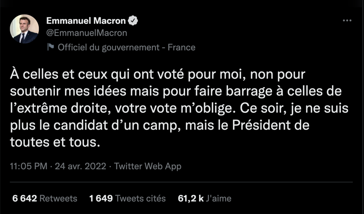 Un tweet particulièrement important dans la timeline d'Emmanuel Macron retweeté à peine 6.600 fois...