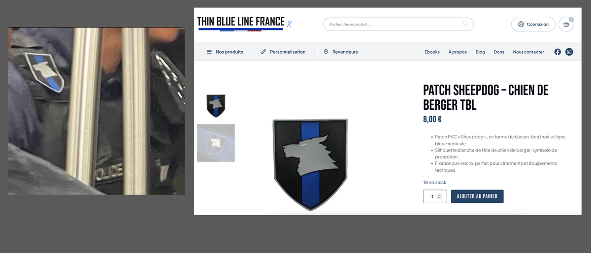Photo d'un agent de la police nationale portant un patch non réglementaire TBL à Paris. - 2025 - © Reflets