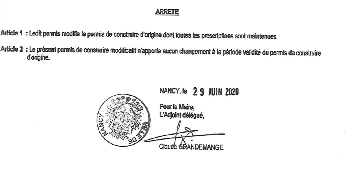 Signature de Claude Grandemange sur le permis modificatif en 2020