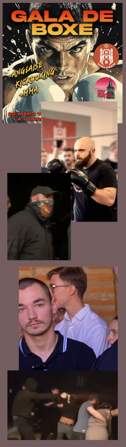 En haut, Lucas P., membre du groupuscule La Furie Française, lors du gala de boxe, puis dans la soirée du 25 avril 2025. En bas, Lorenzo B. lors d'un événement de Patria Albigès, puis dans la soirée du 25 avril 2025, où il fait usage d’une bombe de gaz lacrymogène. - © Reflets