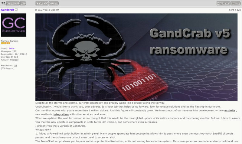 Publicité sur un forum underground pour la nouvelle version v5 du ransomware GrandCrab