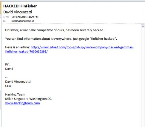 Mail de l'entreprise Hacking Team se moquant son concurrent Finfisher lorsqu'ils avaient été hackés par Phineas Fisher