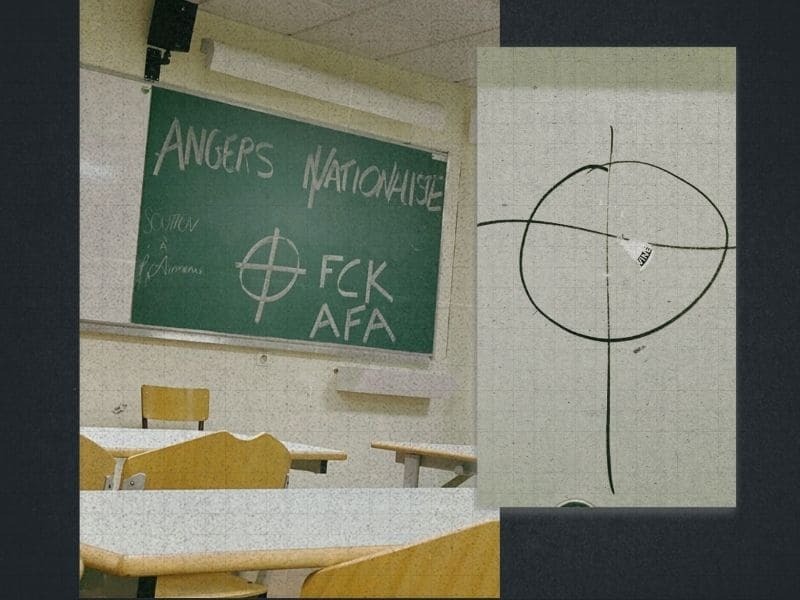 À gauche, une croix celtique dessinée à la craie sur un tableau d’une classe de la faculté de droit et science politique de l’UCO, à Angers, en 2022. À droite, une croix celtique dans des toilettes du campus d’Angers, en mars 2025.  - Sources: réseau social X et Disclose – La Topette