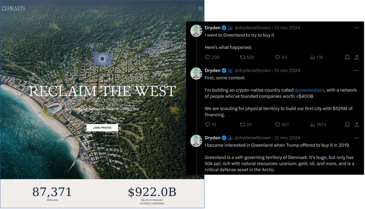 Home page de Praxisnation.com (mai 25) & Tweets de son chanoine en chef Dryden Brown (nov 24) - (captures écran) - (DR)