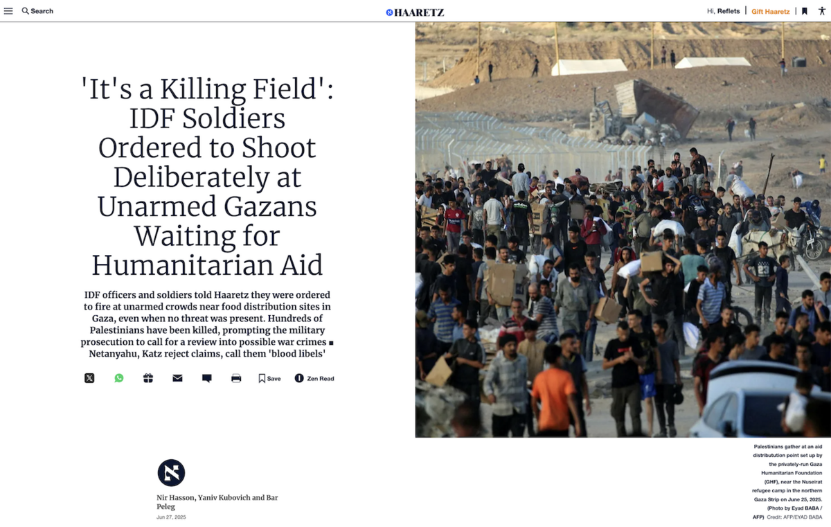 Enquête de Haaretz sur les tueries de Palestiniens venus chercher de l'aide humanitaire auprès de la Gaza Humanitarian Foundation (GHF) - Copie d'écran