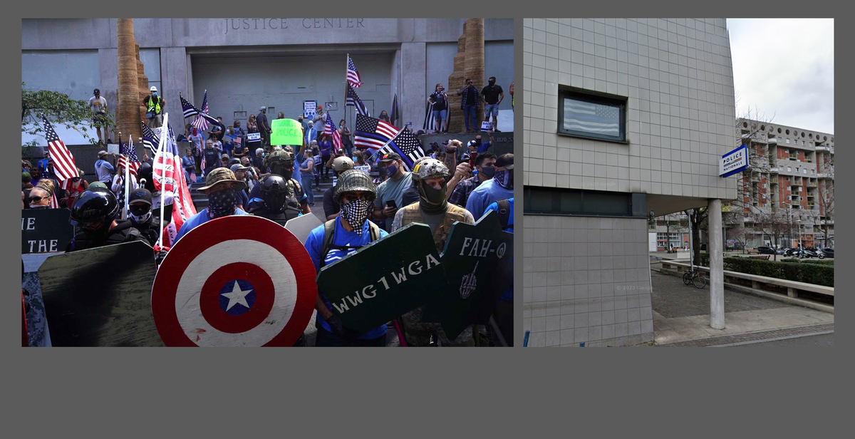 Gauche : Des groupes comme les Proud Boys et Patriot Prayer réunis au centre-ville pour s’opposer aux manifestations contre le racisme systémique et les violences policières, Portland, Oregon, 2020. – Droite : Drapeau de la TBL dans une fenêtre, au commissariat de police de La Courneuve en février 2023. - Jonathan Levinson / OPB - Google