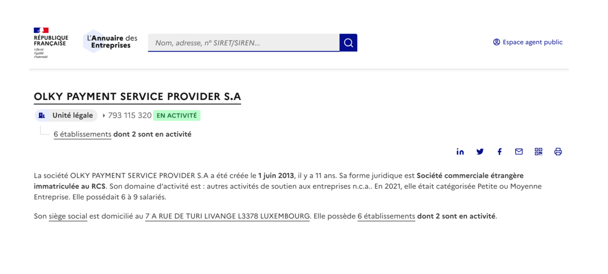 Fiche de Olkypay dans l'Annuaire des Entreprises - 2024