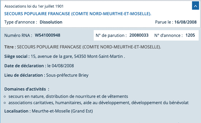 Dissolution de l'association Secours Populaire de Mont-Saint-Martin - Copie d'écran du site du Journal Officiel