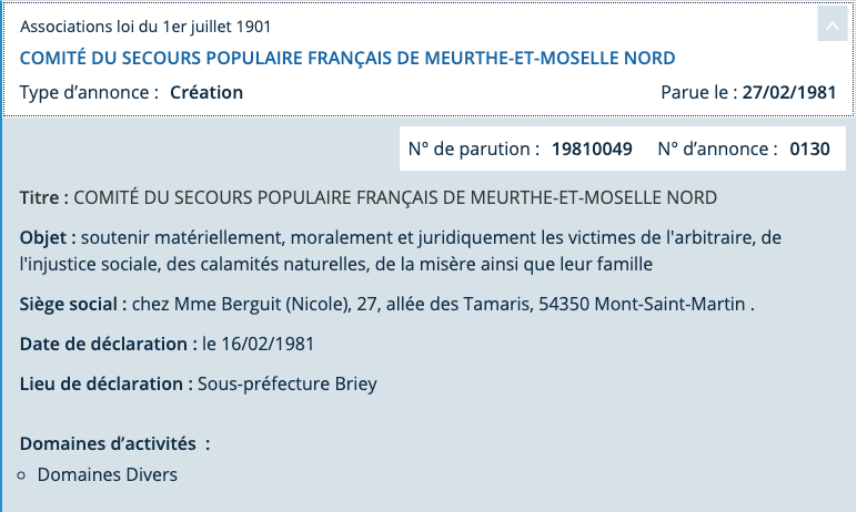 Création de l'association Secours Populaire de Mont-Sait-Martin - Copie d'écran du site du Journal Officiel