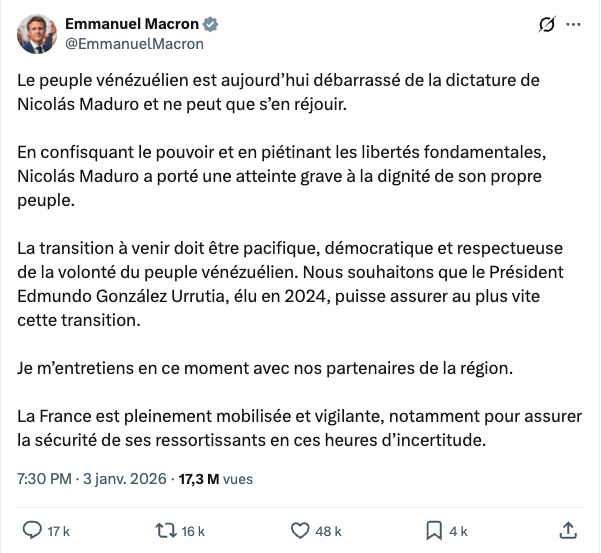 Tweet d'Emmanuel Macron après l'annonce de l'invasion du Vénézuéla -  
