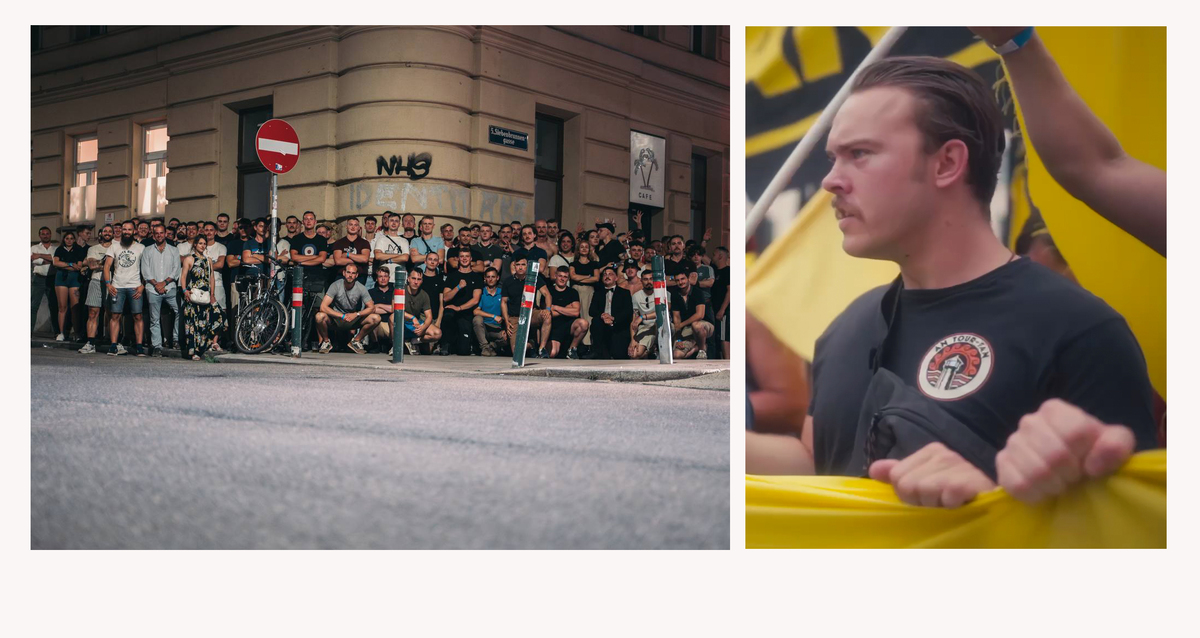 Gauche : Photo de groupe des participants venus d'Allemagne, d'Autriche, de France et de Suisse pour la manifestation à Vienne. Droite : militant du groupuscule néonazi An Tour-Tan à Vienne - Images issues de Telegram, juin 2024