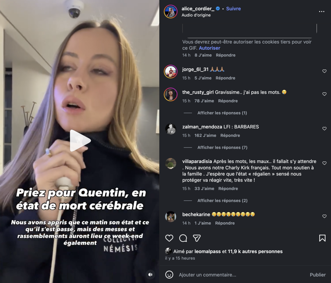 Capture d’écran un post d'Alice Cordier sur Instagram.