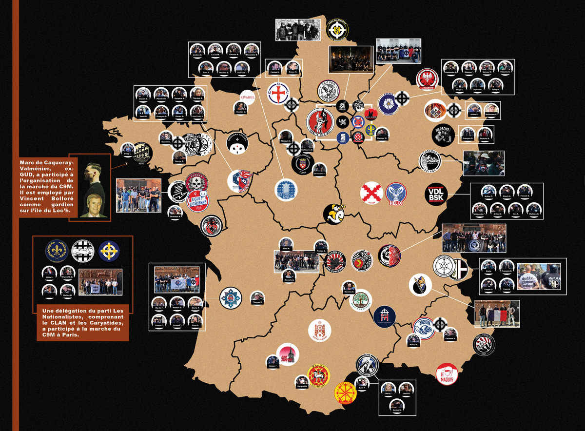 Infographie des groupes d’extrême droite ayant participé à la marche du C9M et quelques-uns de leurs militants. - ©Reflets