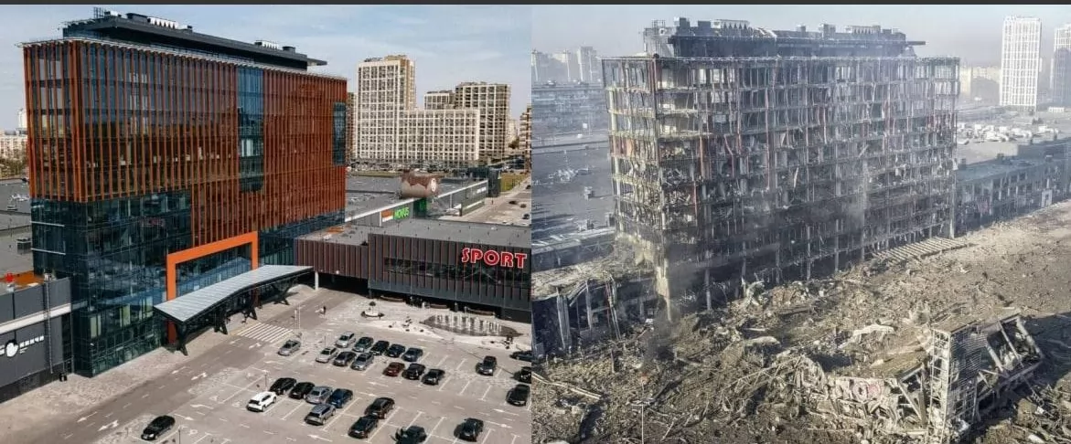 Centre commercial Retroville avant et après le bombardement russe - Source : ukranews.com