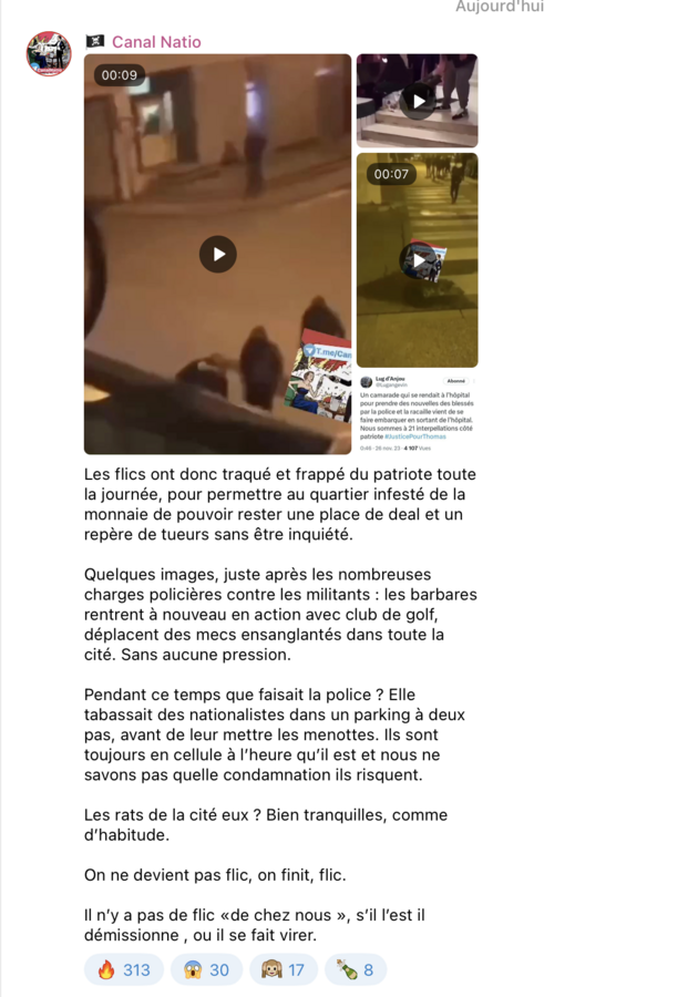 Les fascistes n'aiment pas la police quand elle s'en prend à eux - Copie d'écran du groupe Telegram Canal Natio