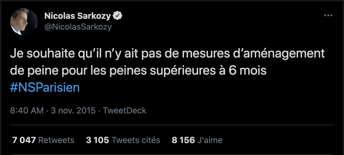 Tweet de Nicolas Sarkozy (avant d'être condamné)