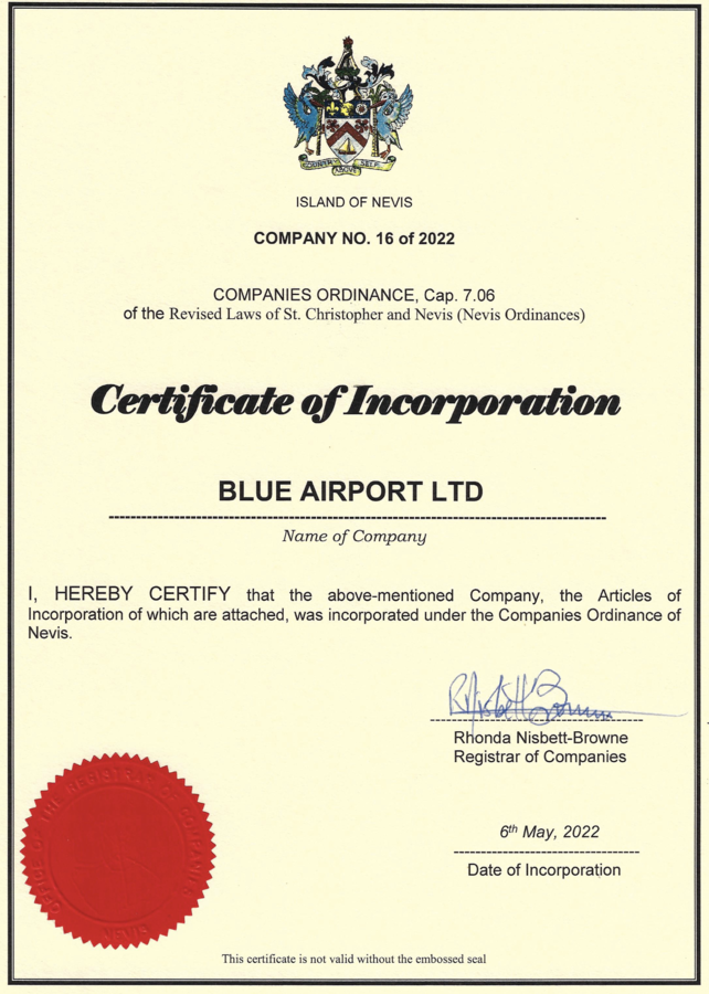 Document d'enregistrement de Blue Airport figurant dans le leak des documents Altice - Copie d'écran