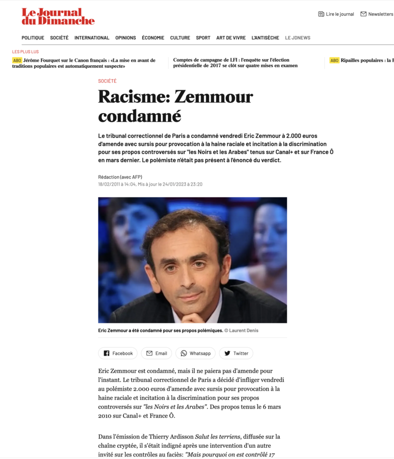 Éric Zemmour condamné pour son racisme crasse ? C'est dans le JDD.