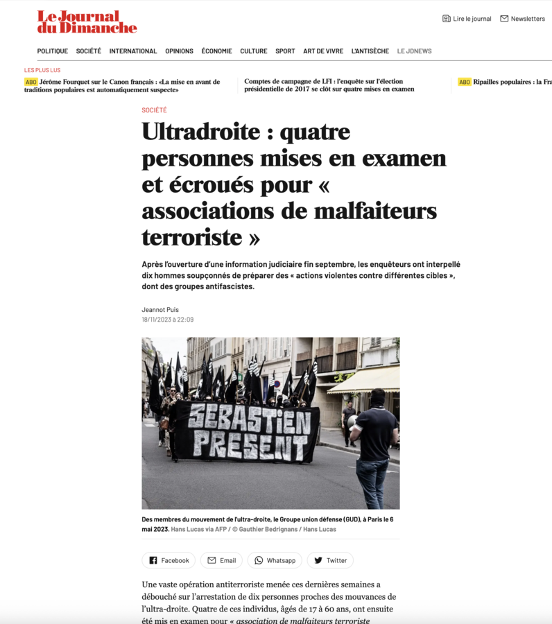 Le terrorisme d'extrême droite pointé du doigt dans le JDD.