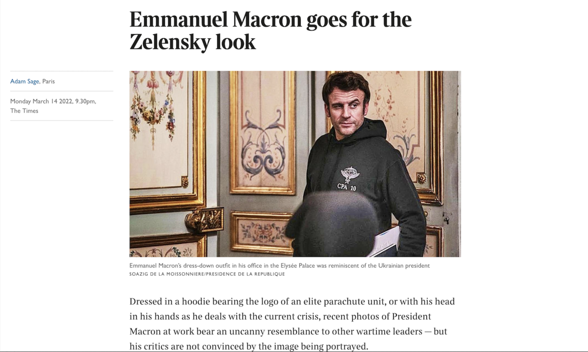 Emmanuel Macrensky, président en guerre avec un hoodie de parachutiste parce que la testostérone c'est tellement utile... - Le Times britannique (se moque du président français)