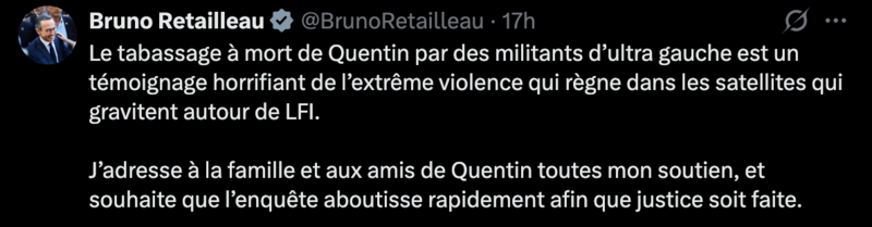 Capture d'écran : Message posté par Bruno Retailleau dans l'après midi vendredi 13 février 2026.