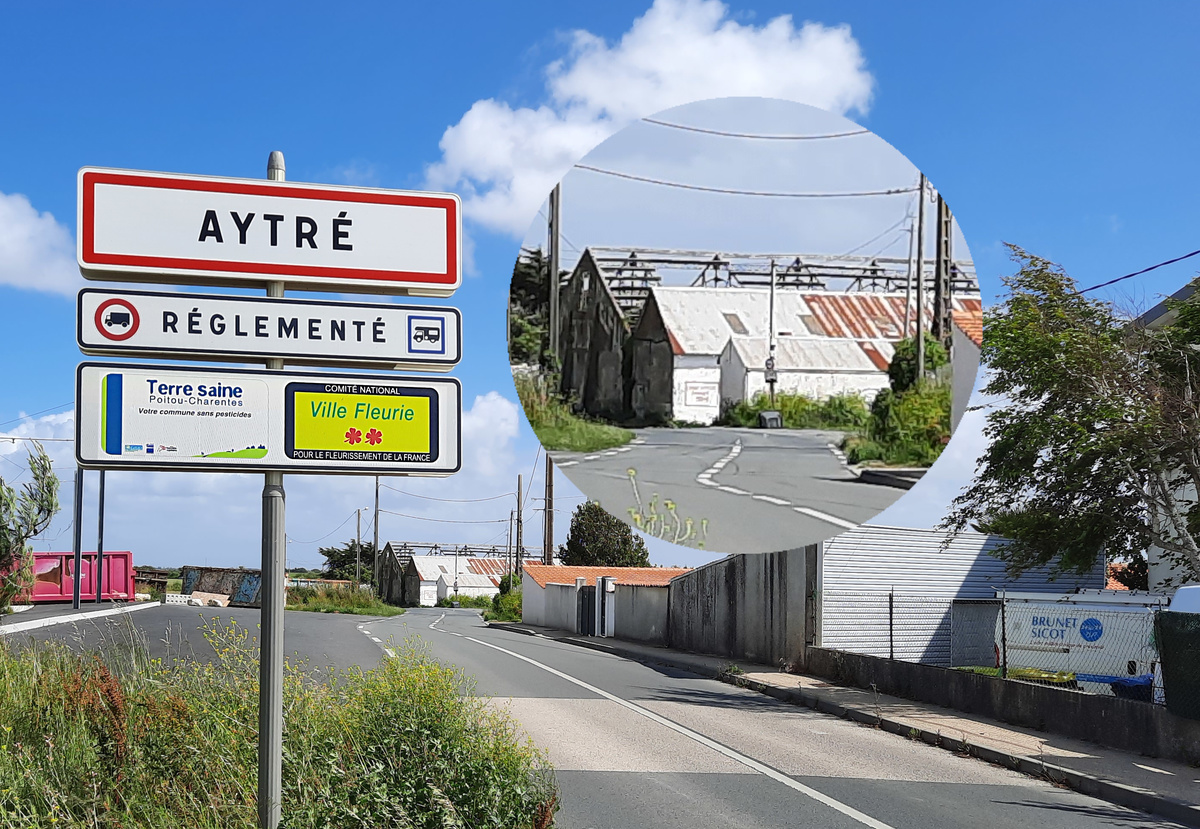 Côté pile du panneau: la commune d'Aytré et le site Delfau en arrière plan - Reflets