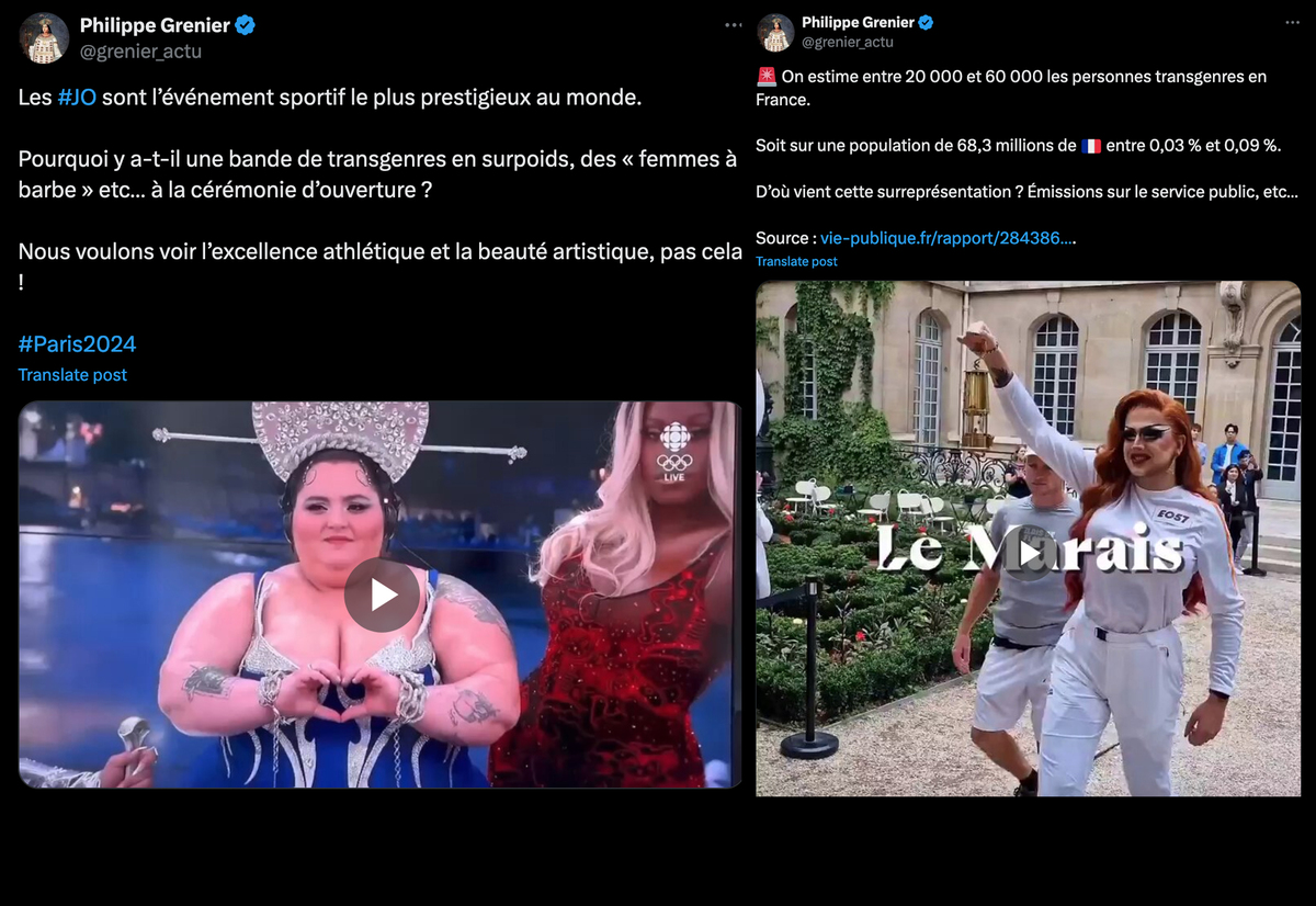 Capture d’écran de posts sur X où \@PhilippeGrenier tient des propos concernant des personnes LGBT ayant participé à la cérémonie des JO à Paris. - Copie d’écran