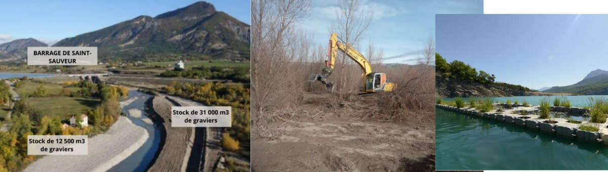 Les opérations de restauration de la Durance : descentes des gravats sous le barrage de Saint-Sauver, essartement du lit et îlots artificiels   - SMAVD