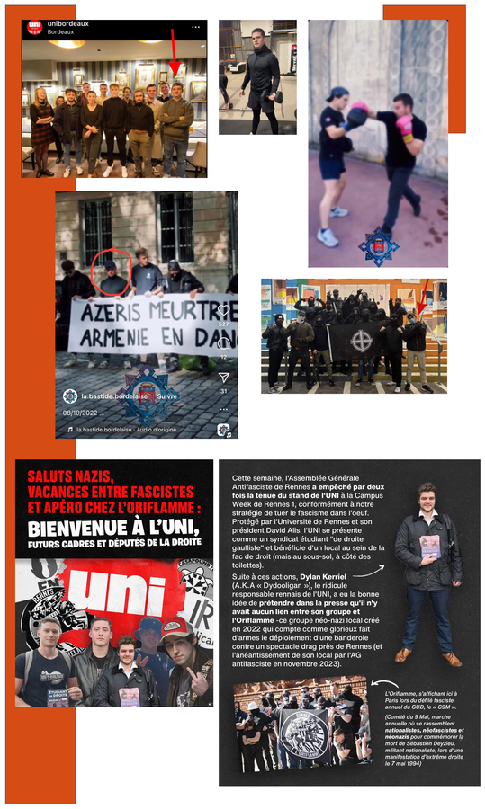 Luca Cisilotto membre de l’UNI est aussi un élément actif de la Bastide Bordelaise, il était présent à l’attaque de la conférence LFI le 7 décembre 2022 - Dylan Kerriel présent à la manif néonazi C9M à Paris, 2024 - © Reflets