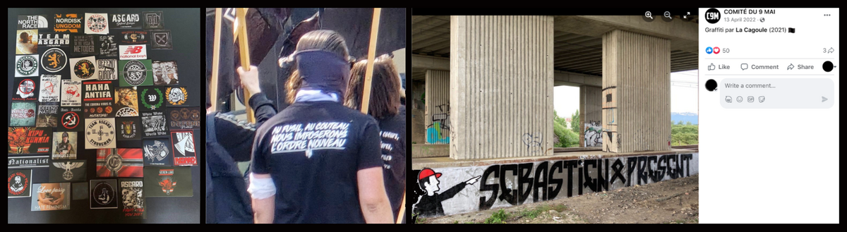 Gauche : Série d’autocollants fascistes et néonazis partagées par des militants du C9M. Centre : Militant néonazi lors de la marche en 2024. Capture d'écran d'une de leurs vidéos de propagande. Droite : Capture d’écran d’une publication du C9M sur Facebook, où l'on peut identifier le salut nazi. - 2025 - © Reflets