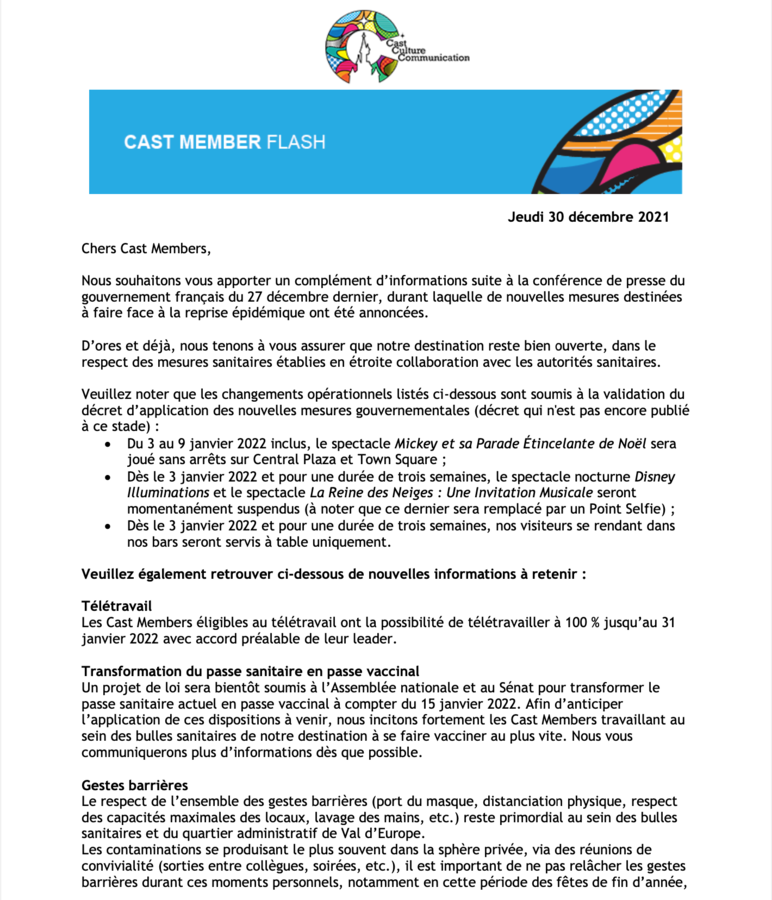 Un petit flash-info pour les "cast members"... - Document interne Disney