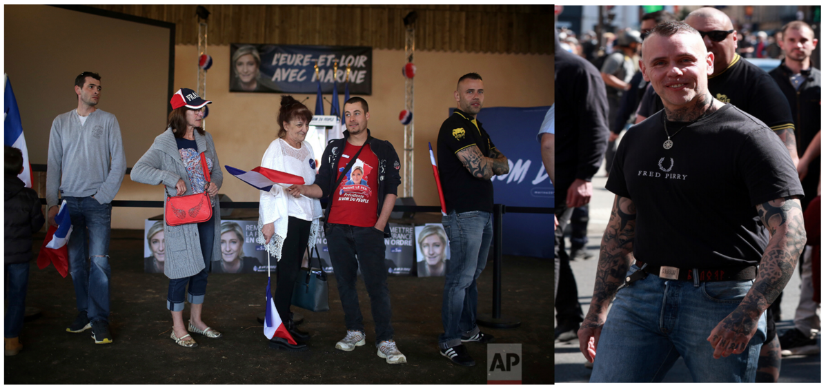 Dans une photo prise par l’agence Associated Press en 2017 lors d’un meeting du Rassemblement national à La Bazoche-Gouet, on reconnaît un militant arborant sans dissimulation ses tatouages nazis. Sur son bras gauche, on distingue notamment un Soleil noir, un symbole ésotérique associé au IIIe Reich — qu’il exhibait lors de la marche du C9M à Paris. - ©AP ©PIXA