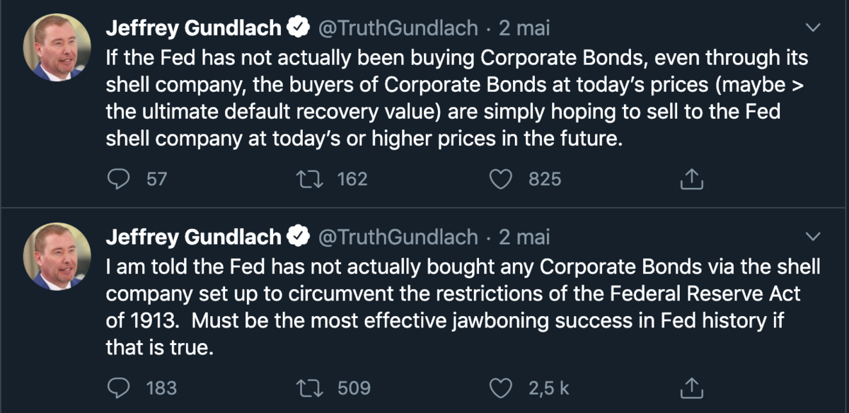 Quand Jeffrey Gundlach dévoile que la FED n'a pas acheté d'obligations d'entreprises au 1er mai, à l'inberse de son annonce du 23 mars. - Copie d'écran Twitter