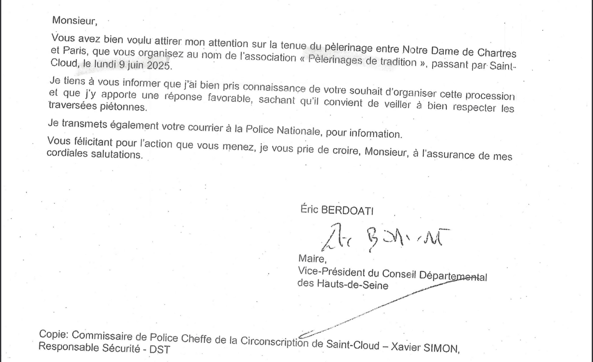 Lettre du Maire de Saint-Cloud à l'association Pèlerinages de Tradition