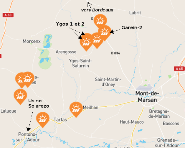 Carte des centrales solaires Engie Green dans les Landes - map : engie-green.fr/dans-votre-region