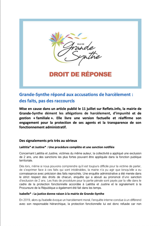 Première page du droit de réponse de la maire de Grande-Synthe