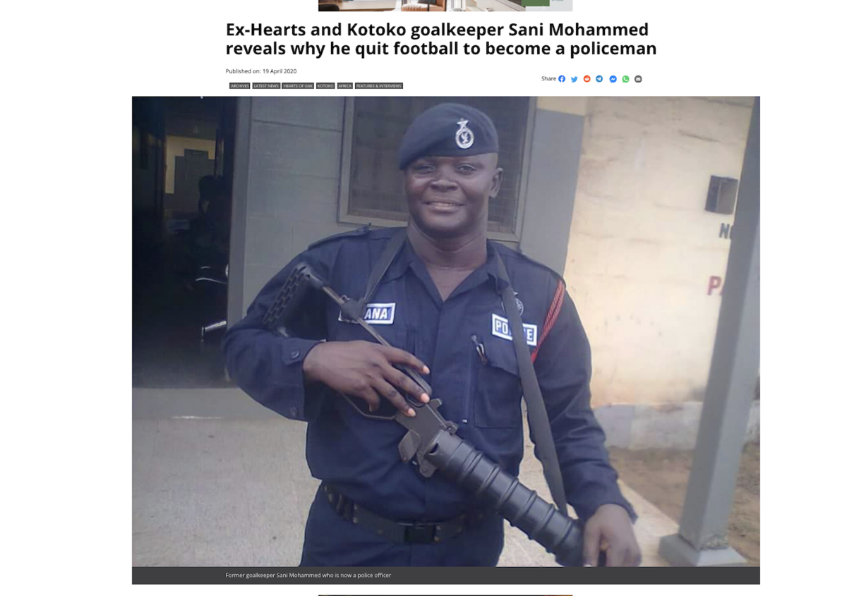 Sani Mohammed, joueur de foot devient policier, équipé d'un Cougar d'Alsetex - Ghanasoccernet.com/Copie d'écran