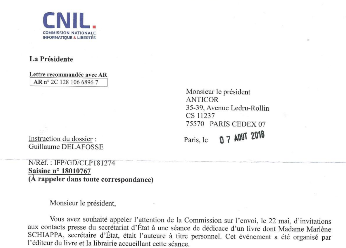 Lettre de la CNIL adressée à Anticor - Copie d'écran - CC