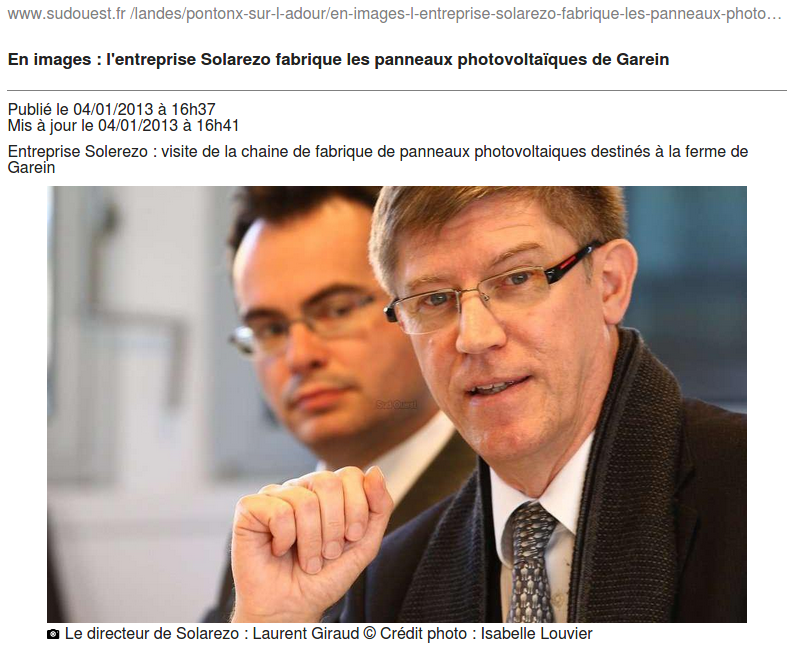 Capture écran d'un article de Sud-Ouest (4/01/2013): Laurent Giraud (1er plan) et Laurent Labatut (PDG de DRT) - DR
