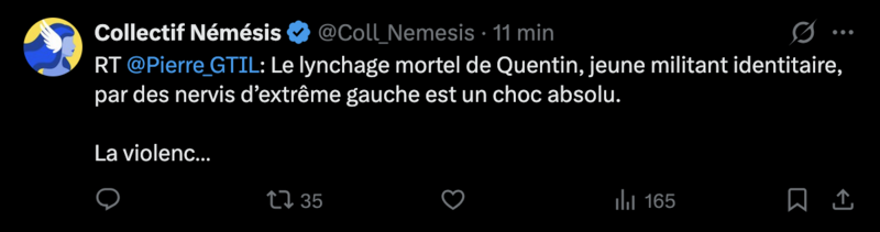 Capture d'écran : Message posté par la militante transphobie Marguerite Stern et le Collectif Némésis tôt dans l'après midi vendredi 13 février 2026.