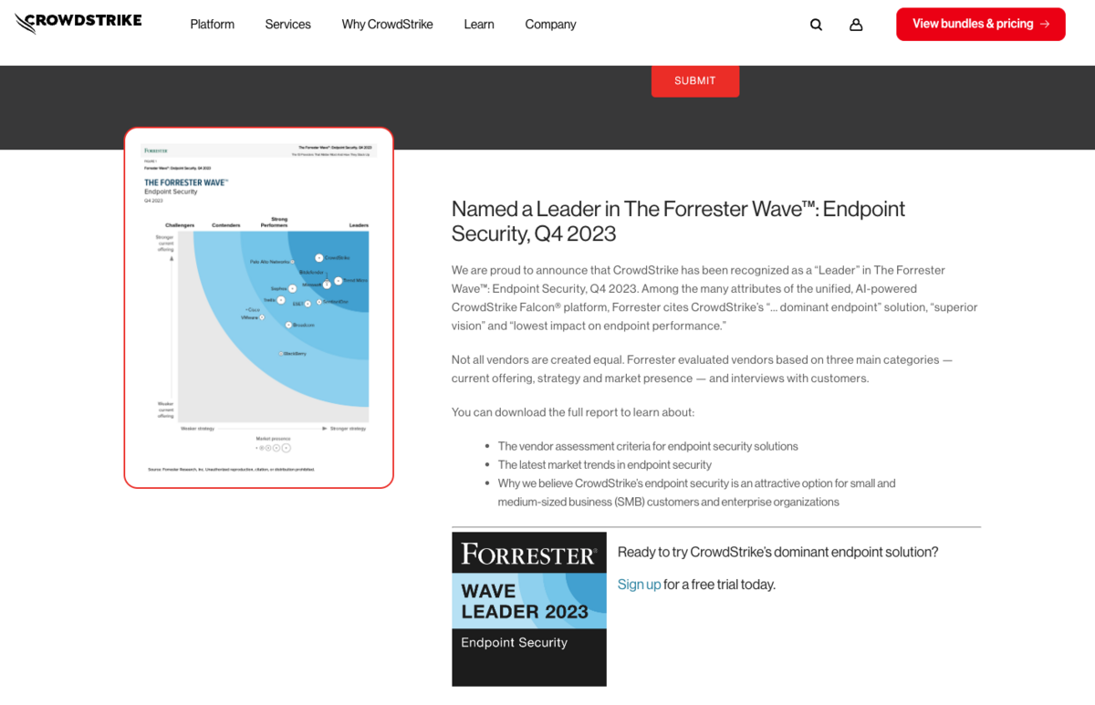 Être ou ne pas être dans le Magic Quadrant... - Copie d'écran du site de Crowdstrike