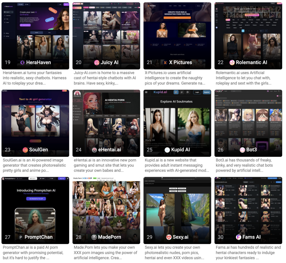 Annuaire de sites permettant de créer des contenus pornographiques avec de l'IA - Copie d'écran
