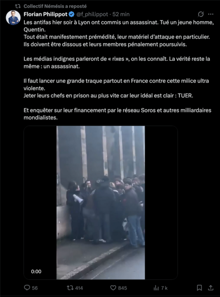 Capture d'écran sur X : , message posté par Florian Philippot dans l'après midi vendredi 13 février 2026.